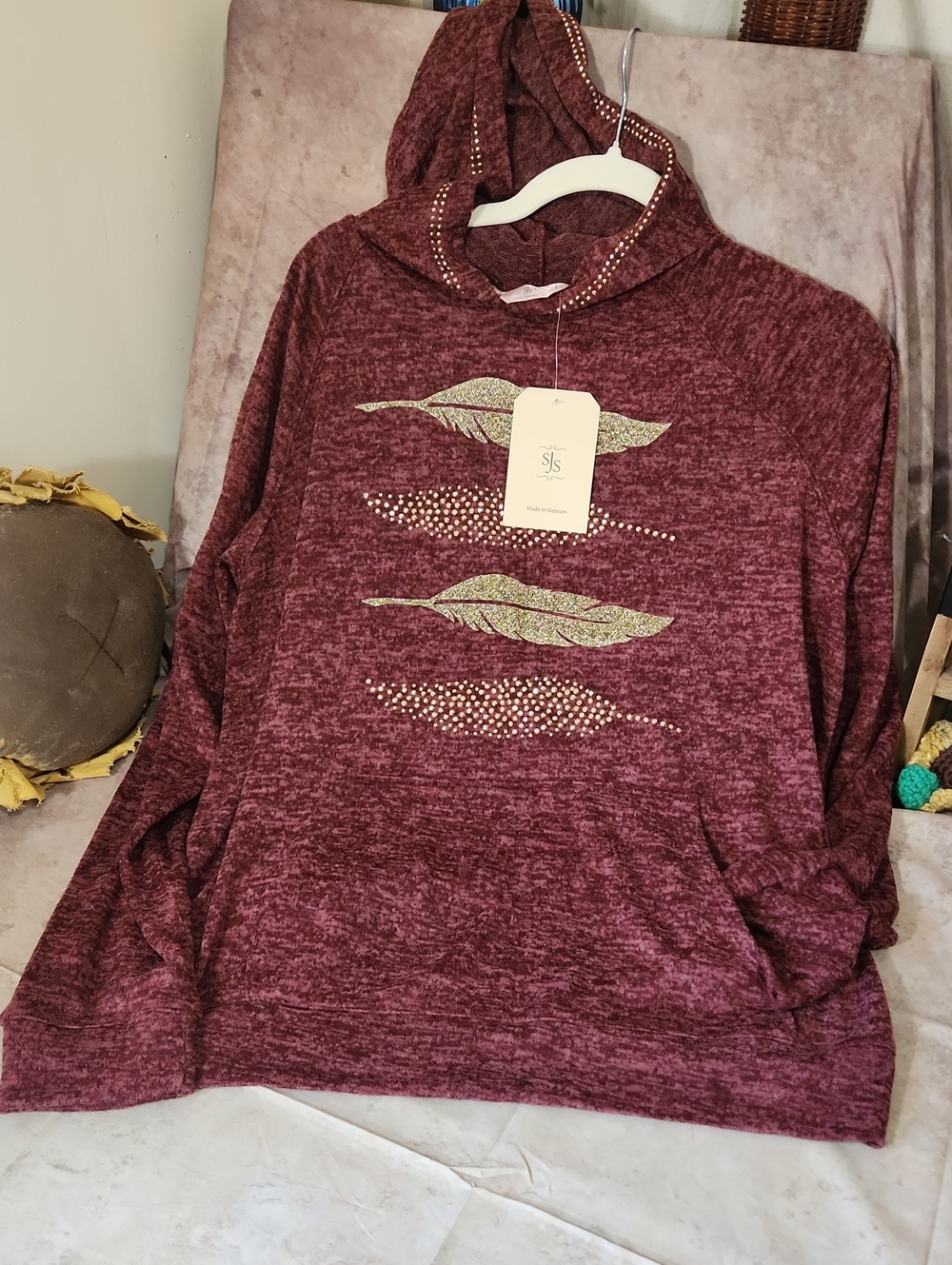 SJS Maroon Hooded Turtleneck Sweater with Gold Feather Accents/Bedazzles✨️